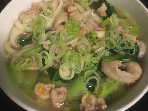 鶏の皮、小松菜、ねぎのうどん